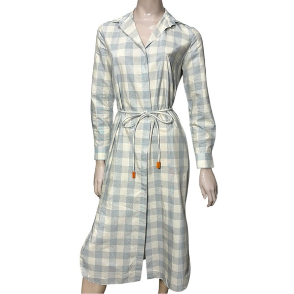 Theory Women’s Size S P Blue White Fuji Check Belted Midi Slit Side Shirtdress - Picture 6 of 15
